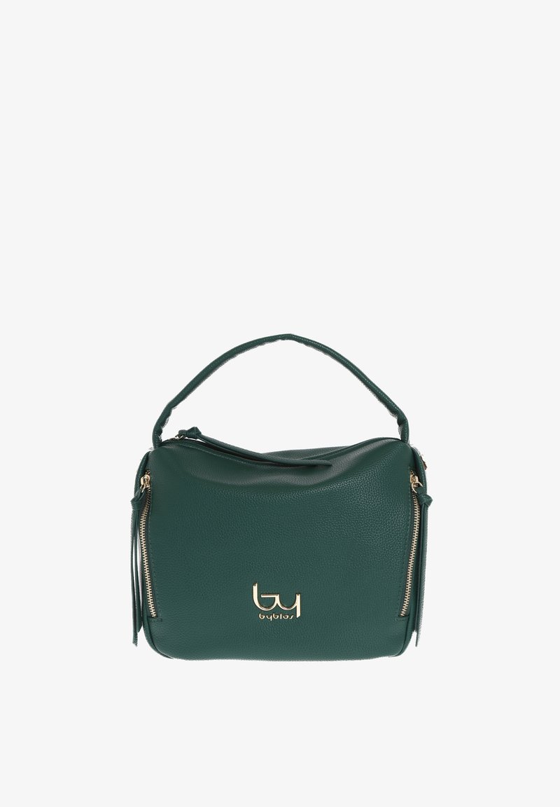 Borsa a tracolla in morbida pelle verde, con forma curva, dettagli in metallo dorato sulla cerniera e una maniglia corta. Presenta un logo del marchio in evidenza sulla parte anteriore.