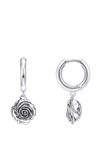 Silberne Creolen mit einem strukturierten Rosenanhänger. Die Rose hat detaillierte Blütenblätter und ist an einem glatten Hoop-Design befestigt.