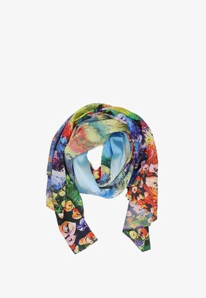 Foulard di seta multicolore con un motivo floreale. Presenta vivaci tonalità di blu, verde e arancione, con una consistenza morbida e un design fluido.
