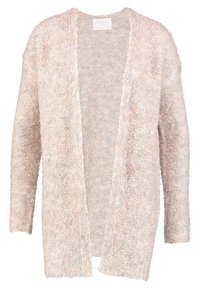 Cardigan lavorato a maglia rosa chiaro con apertura frontale. Presenta maniche lunghe e un tessuto morbido e texturizzato. Senza chiusure, design informale.