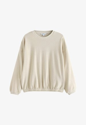 Beigefarbener Sweatshirt mit Rundhalsausschnitt, langen Ärmeln, gerippten Bündchen und elastischem Bund.