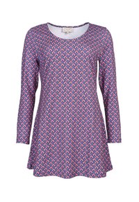 Langärmliges Kleid aus lila Stoff mit einem sich wiederholenden Blumenmuster in Rot und Pink. Rundhals und ausgestellter Saum.