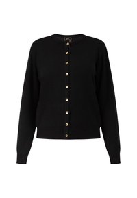 Cardigan nero con bottoni dorati, polsini e orlo a coste, tessuto morbido, scollatura tonda e vestibilità rilassata. Senza decorazioni né motivi.
