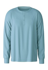 Lange mouwen, lichtblauwe t-shirt met een ronde hals, twee-knopen placket en geribbelde manchetten. Gemaakt van zachte, gladde stof.