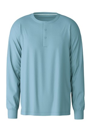 Lange mouwen, lichtblauwe t-shirt met een ronde hals, twee-knopen placket en geribbelde manchetten. Gemaakt van zachte, gladde stof.