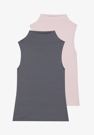 Two sleeveless tops in soft fabric; one gray and one light pink. Both feature a high neckline and smooth texture.