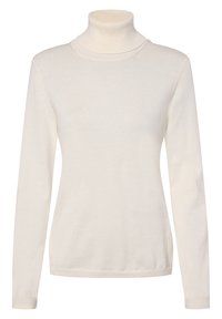 Cremfarbener Rollkragenpullover aus Strickstoff, mit langen Ärmeln, hohem Kragen und einer figurbetonten Passform mit gerippten Bündchen und Saum.