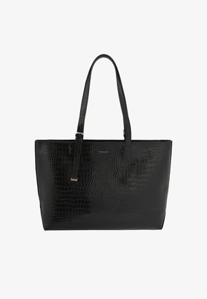 Crna torba od teksturirane umjetne kože s uzorkom krokodila, koja se ističe s dva dugačka remena i minimalističkim brendiranjem.