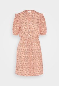 Abito floreale rosa con maniche a sbuffo corte, chiusura a bottoni frontale e vita cinte. Realizzato in tessuto leggero con una texture vivace e stampata.