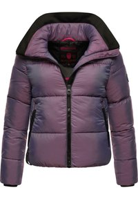 Puffy purple jacket with a black collar, front zipper, and two side pockets. Features a textured surface and a logo inside the collar.