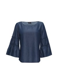 Blaue Denim-Bluse mit weitem Ausschnitt, ausgestellten Ärmeln und gerafften Details in der Nähe der Manschetten. Glatte Textur, lässige Passform.