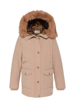 Chaqueta de invierno beige con cierre de botones, dos bolsillos delanteros con solapa y una capucha forrada con piel sintética marrón y tela de satén en el interior.
