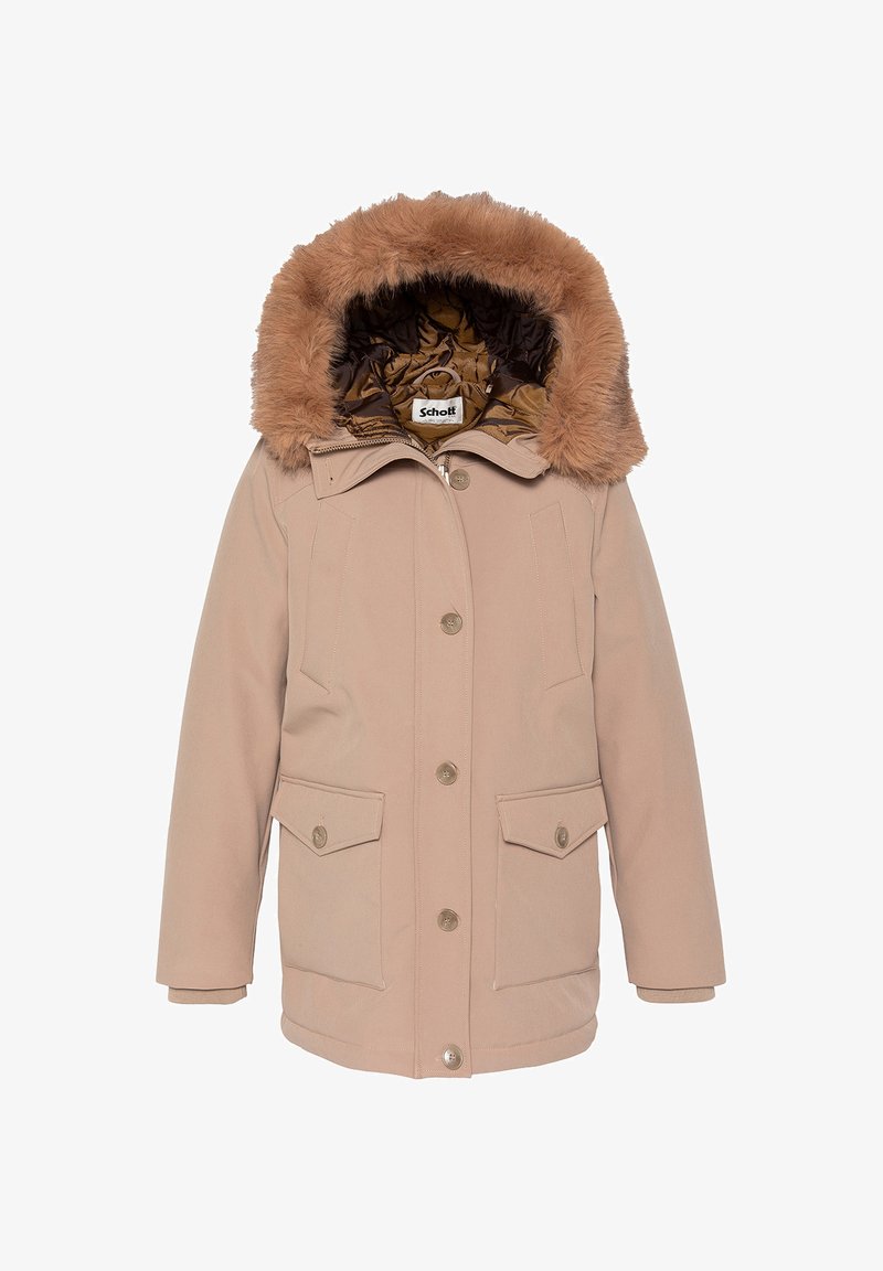 Veste d’hiver beige avec fermeture par boutons, deux poches avant à rabat et une capuche doublée de fausse fourrure marron et de tissu satin à l’intérieur.