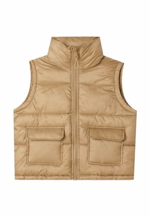 Veste sans manches matelassée marron clair avec col montant, fermeture éclair devant et deux grandes poches à rabat sur la poitrine.