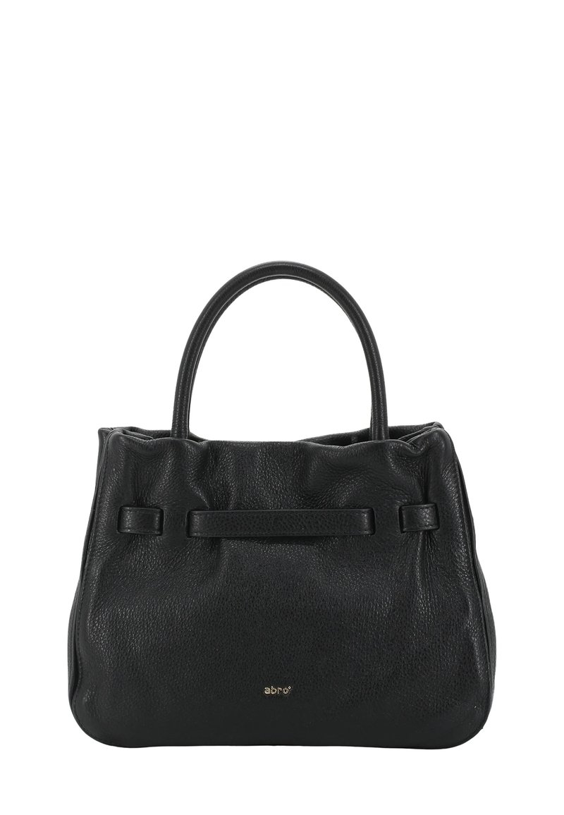 Borsa a mano in pelle nera con finitura testurizzata, due manici arrotondati e un dettaglio a tracolla piatto. Presenta un logo discreto sulla parte anteriore.