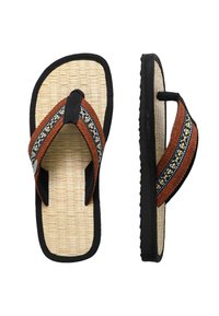 Brown woven flip-flops with black trim, featuring multi-colored patterned straps and a textured natural straw footbed.