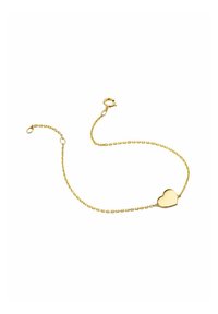 Bracciale in oro con un charm a forma di cuore liscio e lucido al centro. La catena è composta da maglie uniformemente distanziate e presenta un robusto gancio a moschettone.
