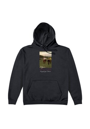 Sweat à capuche noir avec poche avant, présentant une scène de course de chevaux et le texte « Edgar Degas Longchamp, France » sur la poitrine.