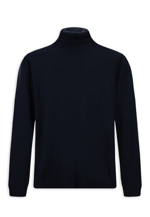 Marineblauwe coltrui van een zachte gebreide stof met lange mouwen en een aansluitende pasvorm, voorzien van een gladde textuur en geribbelde manchetten.