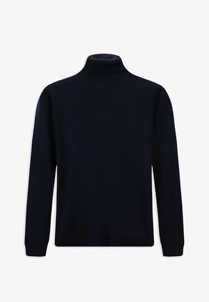 Marineblauwe coltrui van een zachte gebreide stof met lange mouwen en een aansluitende pasvorm, voorzien van een gladde textuur en geribbelde manchetten.