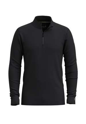 Zwarte pullover met lange mouwen, een opstaande kraag en een halve rits, van voren getoond op een witte achtergrond.