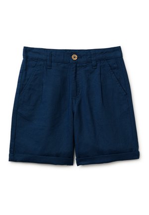 Granatowe bawełniane szorty z zapięciem na guziki, szlufkami na pasek, przednimi kieszeniami, przeszytymi brzegami oraz małym haftowanym logo na prawej kieszeni.
