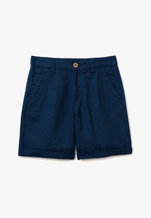 Marineblaue Baumwollshorts mit Knopfverschluss, Gürtelschlaufen, Vordertaschen, abgesteppten Säumen und kleinem besticktem Logo auf der rechten Tasche.