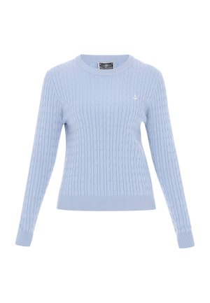 Šviesiai mėlynas megztinis su raštu, suapvalintu iškirpimu ir gipiūriniais kraštais. Maža ankrečio logo kairėje krūtinės pusėje.