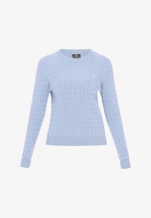 Šviesiai mėlynas megztinis su raštu, suapvalintu iškirpimu ir gipiūriniais kraštais. Maža ankrečio logo kairėje krūtinės pusėje.