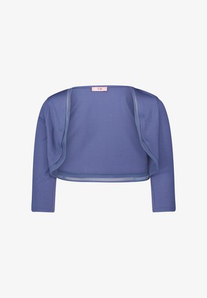 Blaues kurzes Cardigan mit langen Ärmeln, aus weichem Stoff, offenes Frontdesign und glatte Oberfläche. Verfügt über einen zarten Ausschnitt und keine Verschlüsse.