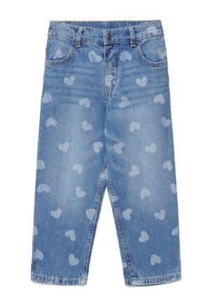 Jean en denim bleu avec des motifs de cœur bleu clair partout, avec des poches avant, des passants de ceinture et une fermeture par bouton.