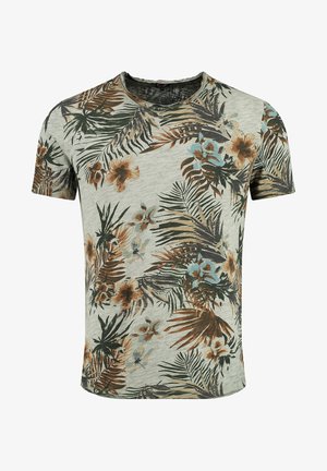 T-Shirt mit kurzen Ärmeln aus hellgrauem Stoff, mit einem tropischen Blumenmuster in Grüntönen, Brauntönen und Blautönen, und einem Rundhalsausschnitt.
