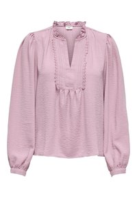 Blouse rose clair à manches longues avec col à volants, plis devant et poignets élastiques, en tissu texturé.