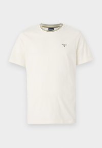 Tricou alb din bumbac, cu mâneci scurte, decolteu rotund, cu margine în dungi verzi și albe și cu un mic logo de marcă pe piept.