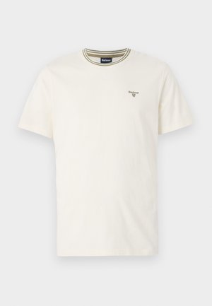 White cotton t-shirt with short sleeves, round neckline featuring green and white striped trim, and small branded logo on the chest.