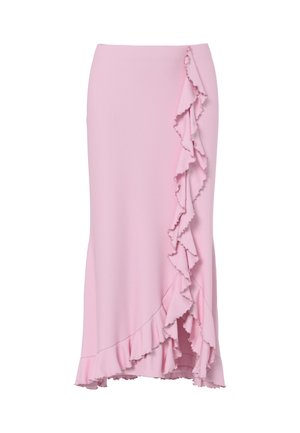 Jupe midi rose clair avec des volants asymétriques descendant sur l'avant et le long de l'ourlet.