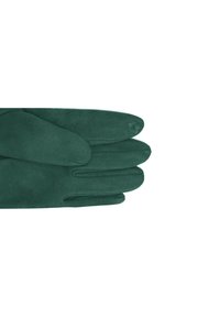 Guanti in suede verde con una texture liscia, dotati di cinque scomparti per le dita e un bordo arrotondato al polso. Nessun hardware o motivo visibile.