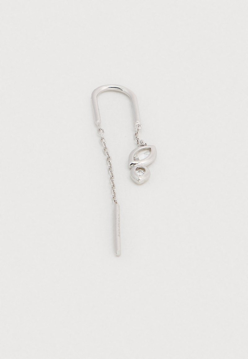 Silver earring featuring a curved design with a chain drop and a smooth, rounded accent. Surface appears polished and reflective.