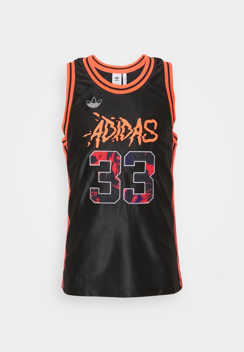 Black basketball jersey with orange accents and stripes. Features "ADIDAS" logo in orange and "33" in multi-colored fabric. Smooth texture.