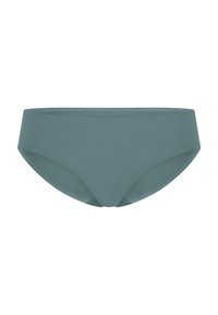 Teal women's bikini bottom made of smooth fabric with a soft waistband and cut-out detailing along the edges for added design.