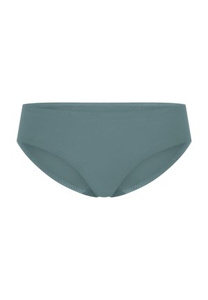 Teal women's bikini bottom made of smooth fabric with a soft waistband and cut-out detailing along the edges for added design.