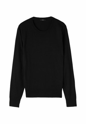 Suéter negro de cuello redondo hecho de suave tejido de punto. Presenta mangas largas y puños y dobladillo acanalados. Diseño sencillo y de color sólido.