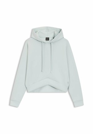 Sweat à capuche court gris clair avec manches longues, capuche à cordon et petit logo embossé près de l'ourlet inférieur.