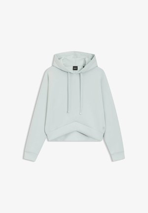 Sudadera corta gris claro con mangas largas, capucha con cordón y un pequeño logo en relieve cerca del dobladillo inferior.