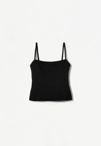 Top camicia nera con spalline regolabili, corpino aderente e pieghe sottili sul fondo. Realizzato in tessuto liscio con finitura opaca.
