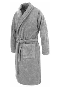 Grauer weicher Fleece-Bademantel mit Schalkragen, Bindegürtel und einer Fronttasche. Verfügt über eine plüschige Textur und ein knielanges Design.