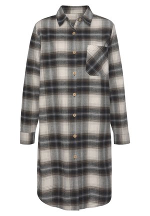Plaid shirt dress in black, grey, and cream. Features button closure, a single chest pocket, long sleeves, and a relaxed fit.