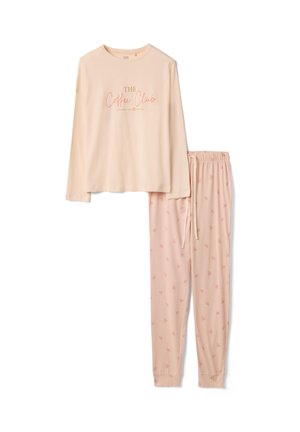 Light beige long-sleeve top with "The Coffee Club" text and matching drawstring pants with small coffee cup patterns.