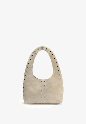 Borsa a mano in pelle beige con manico superiore arrotondato e occhielli in metallo nero uniformemente distanziati lungo i bordi e la cucitura centrale.