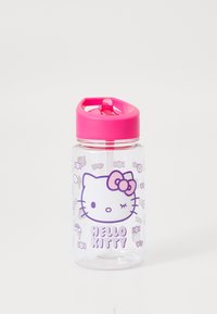 Prozirna plastična boca za vodu s ružičastim poklopcem na preklopu. Ima dizajn Hello Kitty s ljubičastim detaljima i uzorcima bombona i sladoleda.